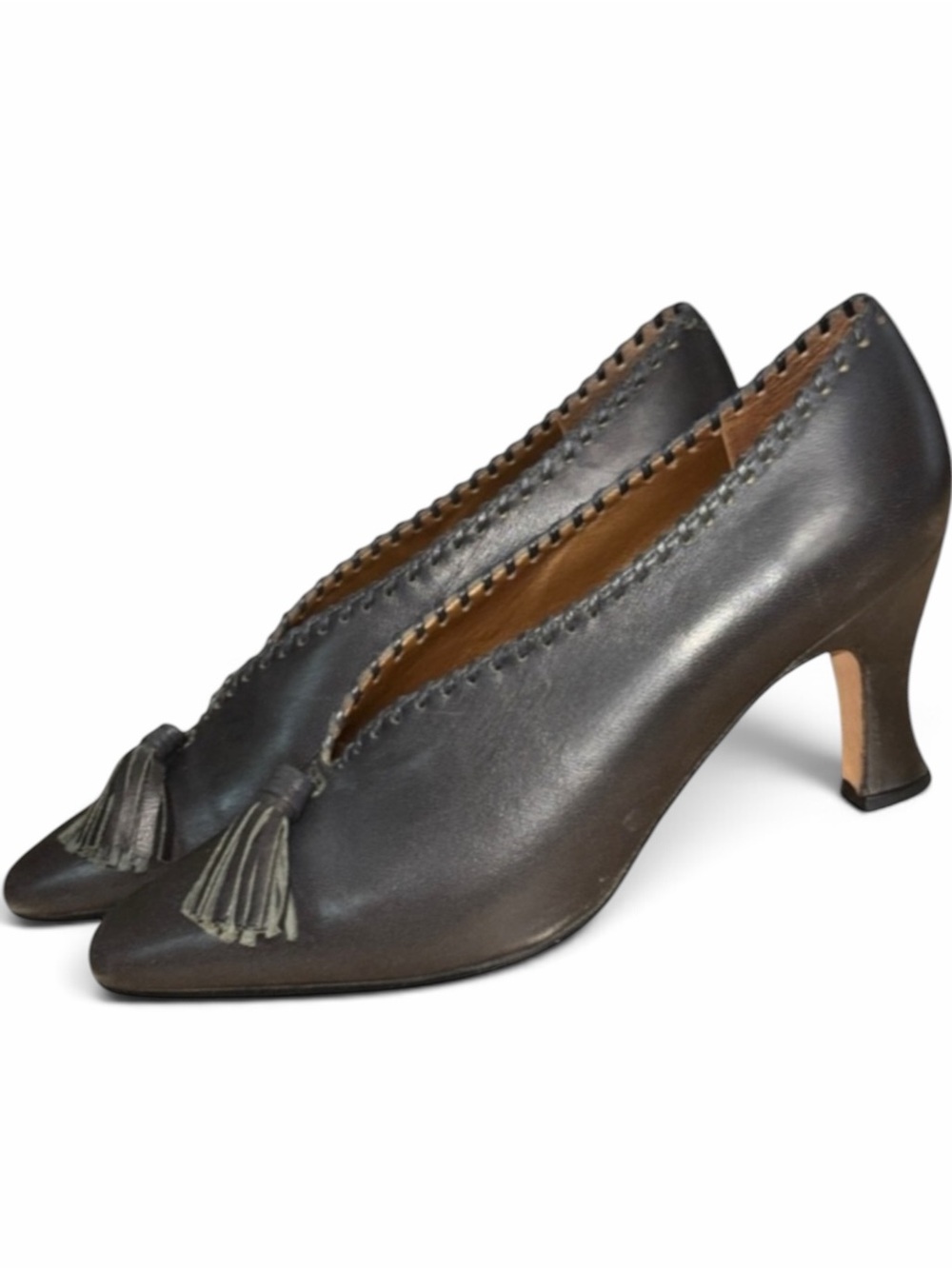 Vintage Evan Picone Tassel Whipstitch Pumps High Cut Gray Leather Heels